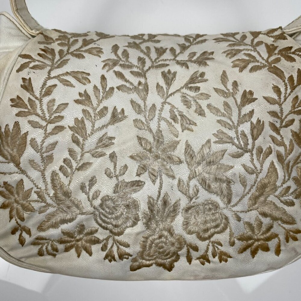 Vintage Cream and Brown Leather Embroidered Floral Purse - Picture 4 of 12